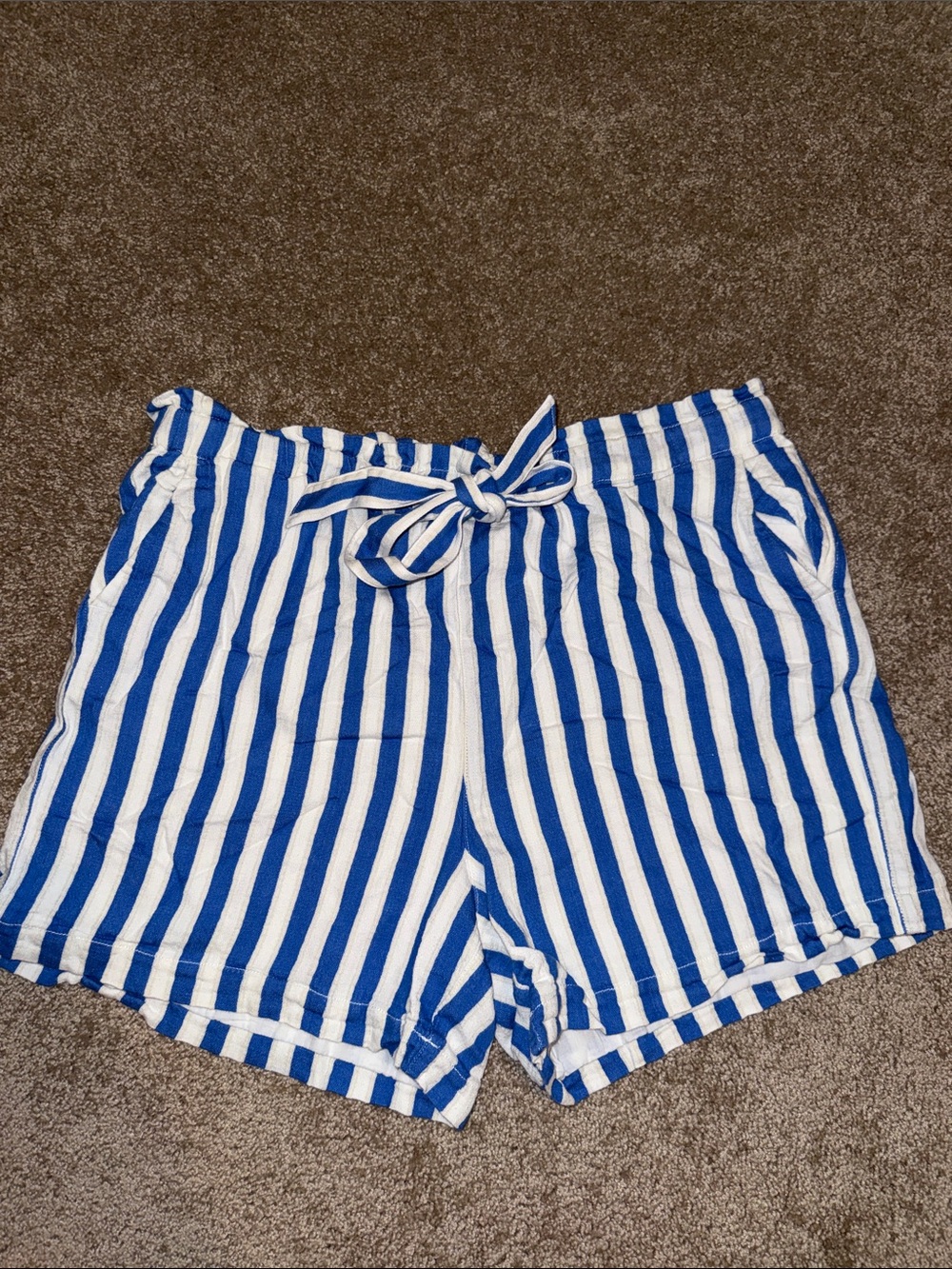 J. Crew Blue and White Vertical Stripe Drawstring Shorts - Large